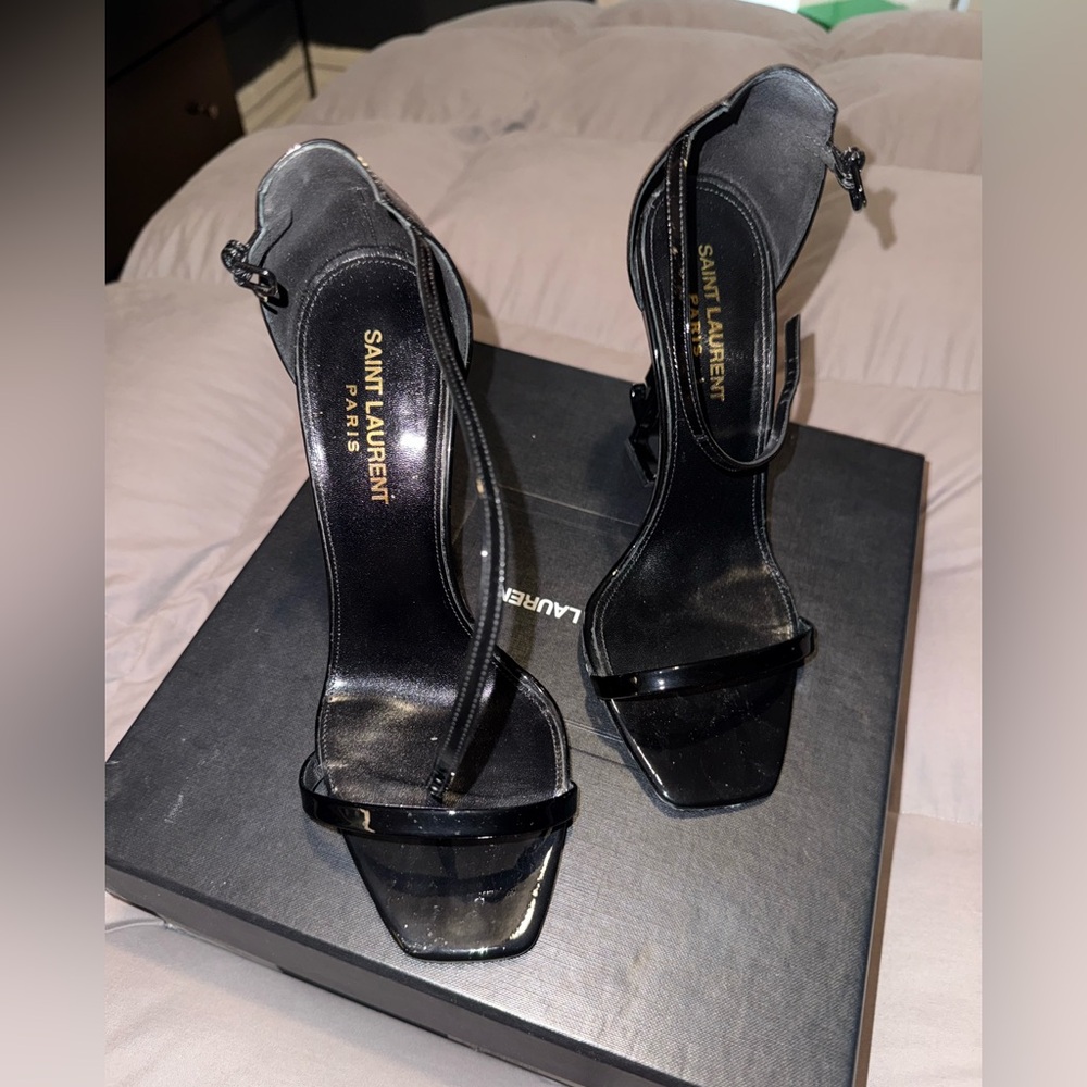 Saint Laurent Black YSL Logo-Heel Sandals - Picture 4 of 11